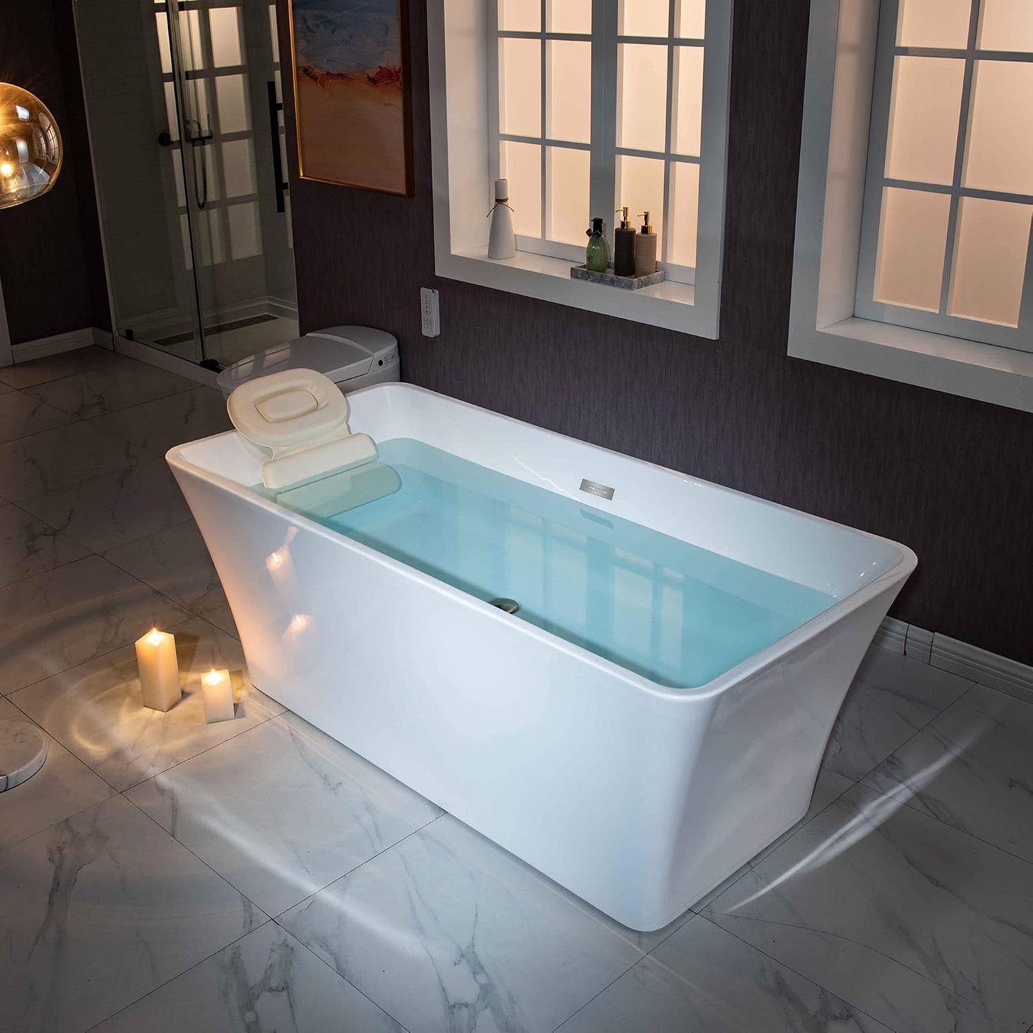 WOODBRIDGE 59' Acrylic Freestanding Bathtub Contemporary Soaking White Tub with Chrome Overflow and Drain，BTA1509 -C-Drain &O