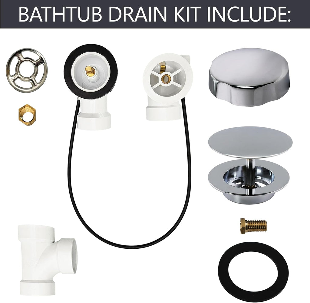 Westbrass A50P45-26 45' SCH. 40 PVC Cable Driven Bath Drain Trim Kit with Rotary Overflow Cover Knob and Pop-Up Stopper, Polished Chrome