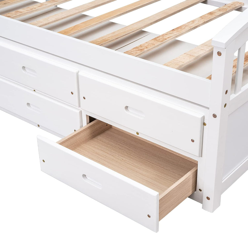SOFTSEA Twin Captain Bed for Kids, Solid Wood Storage Bed with 6 Drawers, No Box Spring Needed, White
