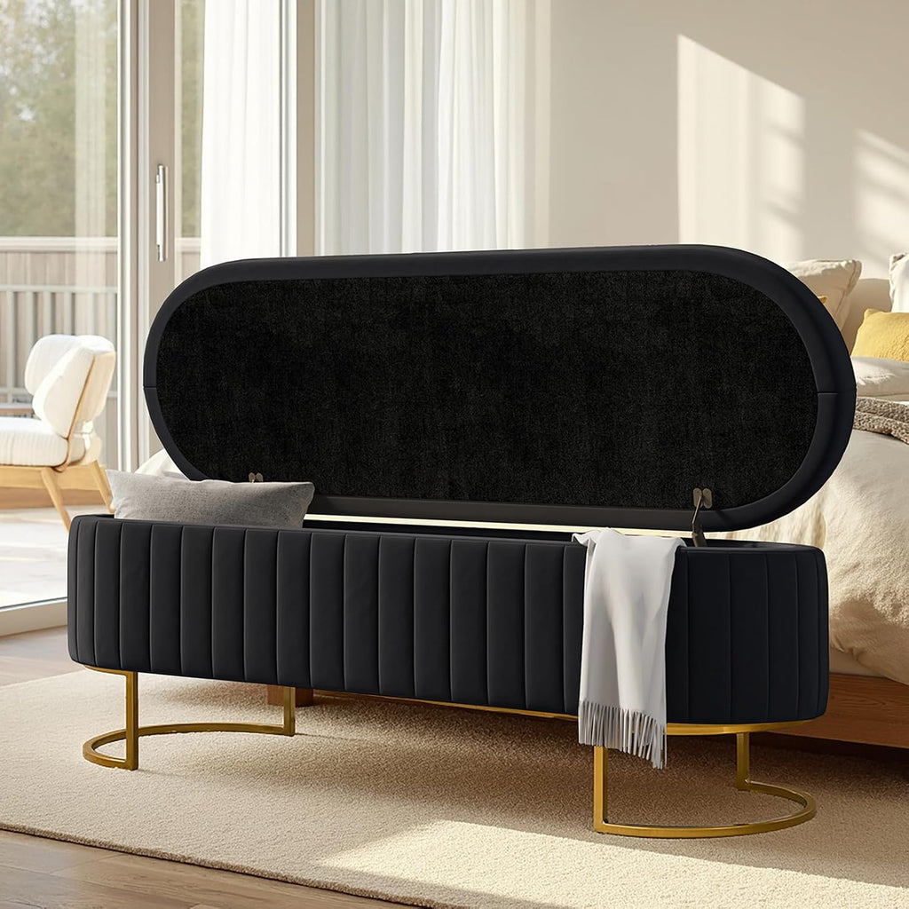 55.5' Velvet Upholstered Storage Bench with Channel Tufted Seat and Metal Legs, Multi-Functional Ottoman with Interior Organizer Pockets for Bedroom and Entryway, Flipping Lid Large Window Bench