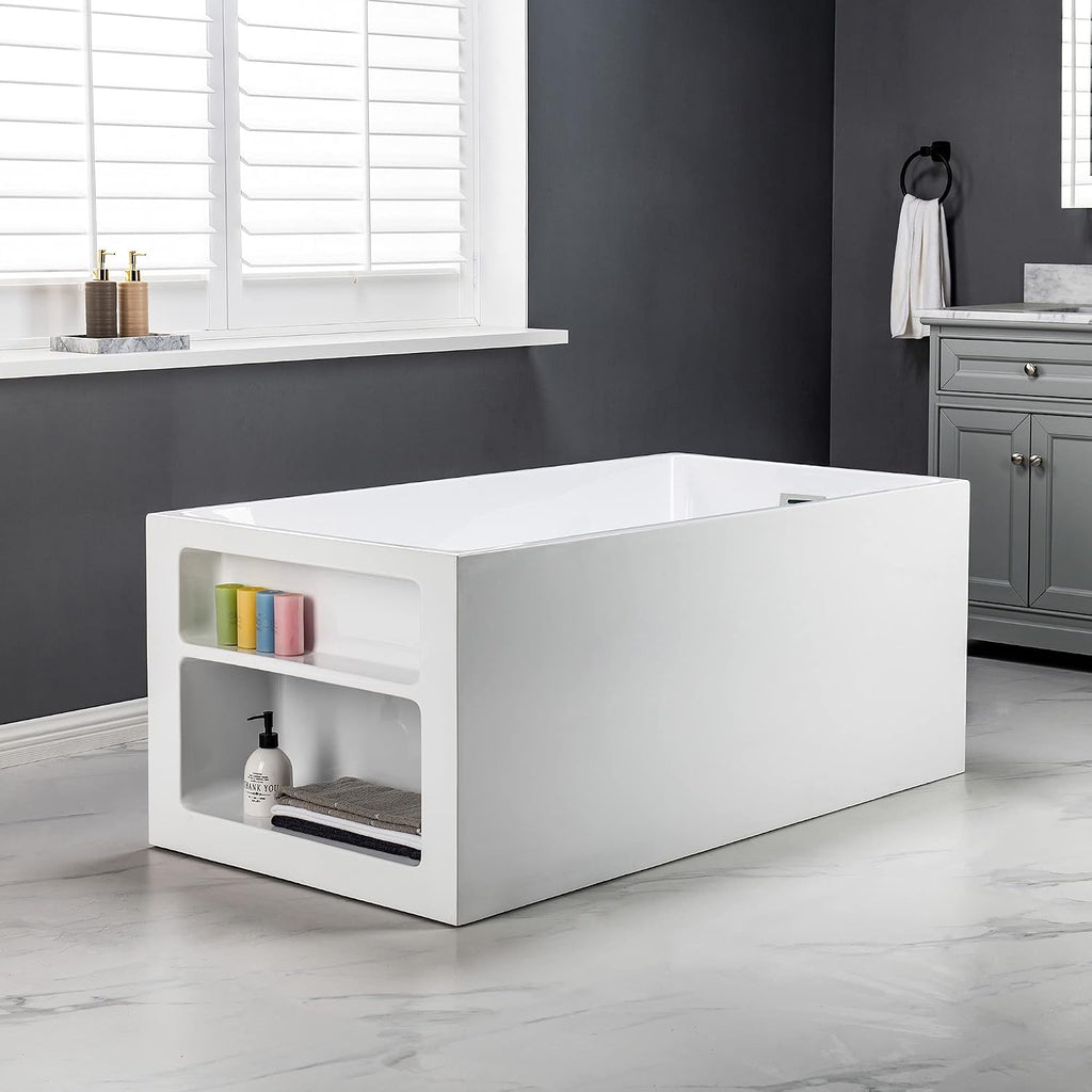 WOODBRIDGE 59' Acrylic Freestanding Bathtub Contemporary Soaking White Tub with Chrome Overflow and Drain，BTA0081-C-Drain&O