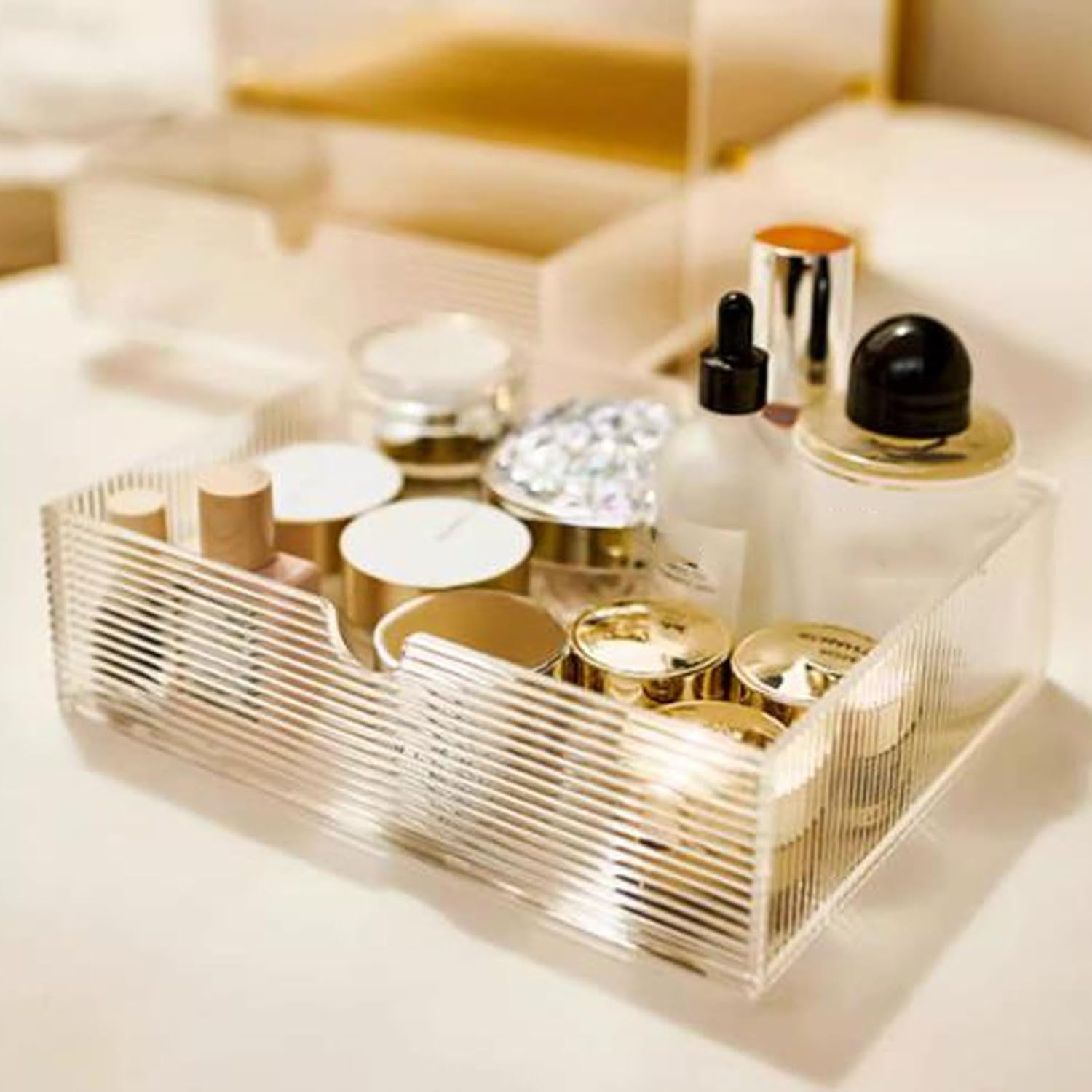 Makeup Organiser Storage Acrylic Makeup Organizer for Vanity, Multi-function Desk Organizer with 2 Drawers and Storage Cabinet,Clear Bathroom Organizer Countertop for Cosmetics,Lipsticks,Jewelry,Nail