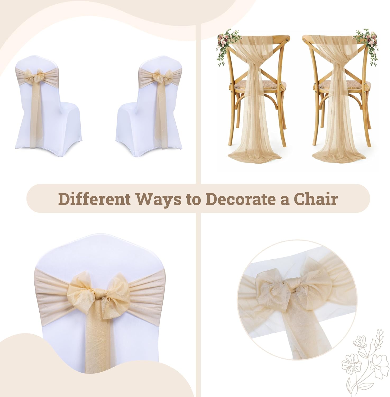 MDS® Pack of 100 Chiffon Chair Sashes Bows for Wedding Events Supplies, Decorations for Birthday Party, Graduation, Engagement, Chair Sashes fits Banquet Chair Cover Tie Back Band - Champagne Gold