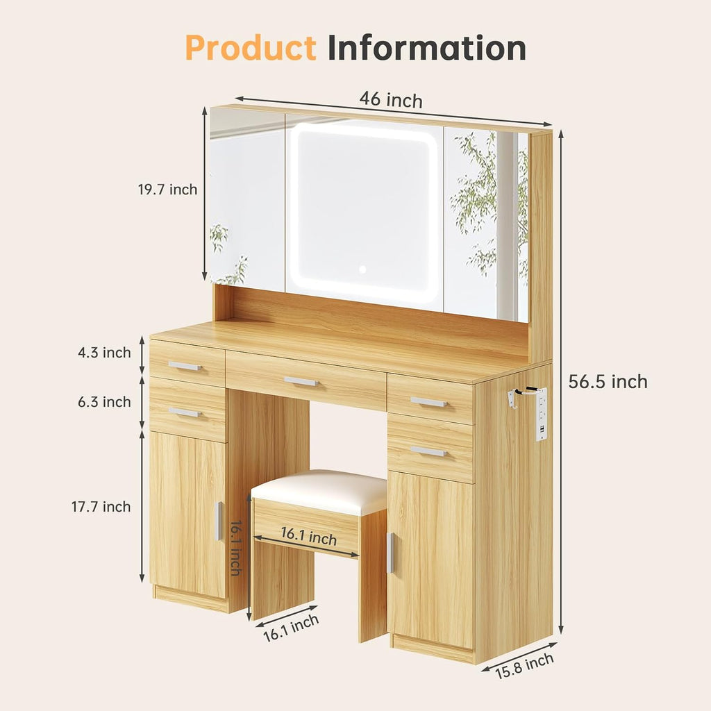Airynee Vanity Desk with Mirror and Light, 9 Drawers Makeup Vanity Tables with Power Outlet, Tri-Folding & 3 Colors Adjustable LED Lighted Mirror, Vanities Desk Set for Bedroom, Dressing Room, Oak