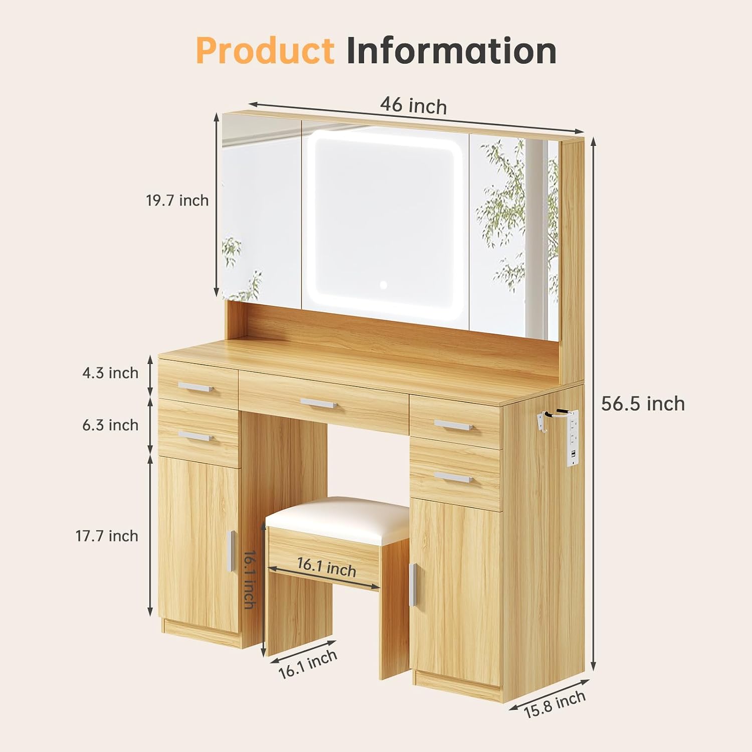 Airynee Vanity Desk with Mirror and Light, 9 Drawers Makeup Vanity Tables with Power Outlet, Tri-Folding & 3 Colors Adjustable LED Lighted Mirror, Vanities Desk Set for Bedroom, Dressing Room, Oak