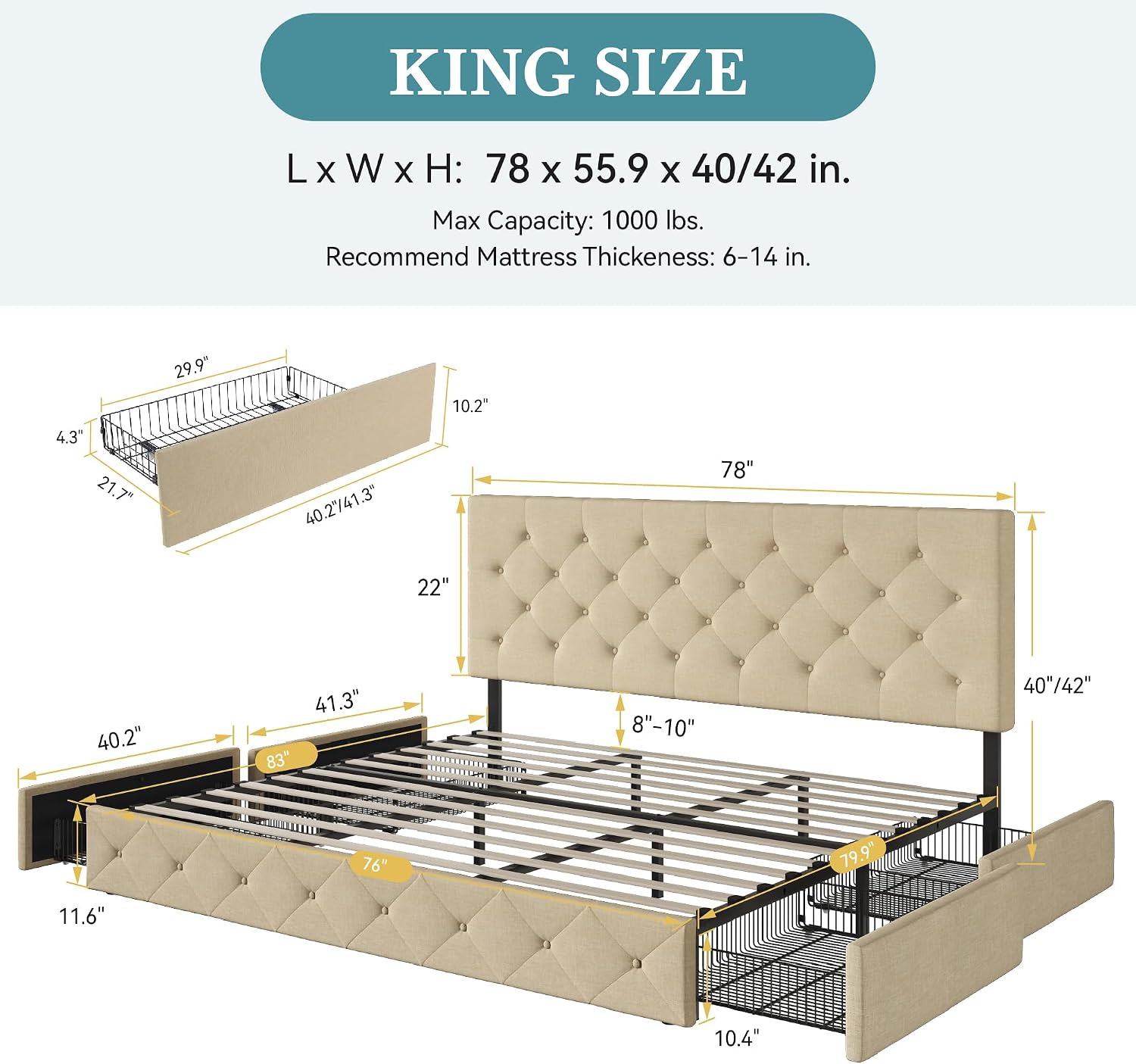 HOOMIC King Platform Storage Bed Frame with 4 Drawers & Adjustable Headboard, Wooden Slats, No Box Spring Needed,Diamond Stitched Button Tufted Design,Beige