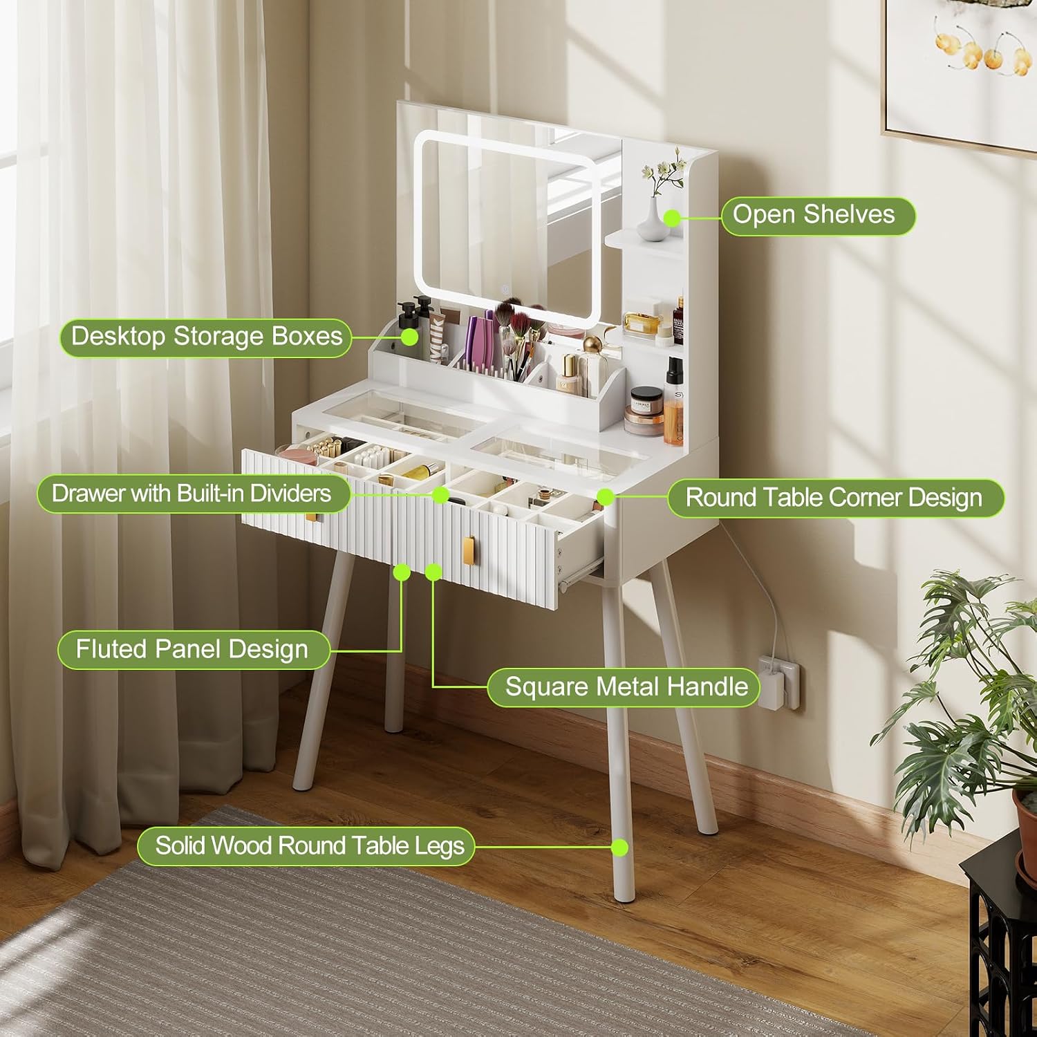 GOODONE 31.5' Fluted Vanity Desk with Mirror LED Lights, Makeup Desk with 2 Drawers, Furniture Clearance Outlet Dressing Table with Glass Top Built-in Dividers for Bedroom, 31.5*15.7*53.8in(White)