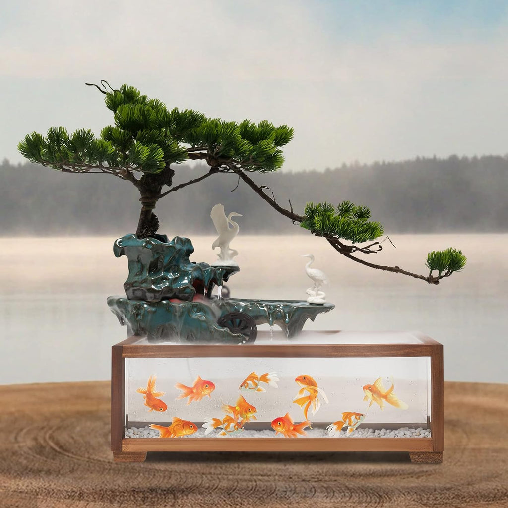 Indoor Outdoor Artificial Landscape Tabletop Water Fountain,Chinese Zen Style Crane Waterfall Fish Tank with LED Light and Mist，Home Office Feng Shui Decor for Good Luck Wealth