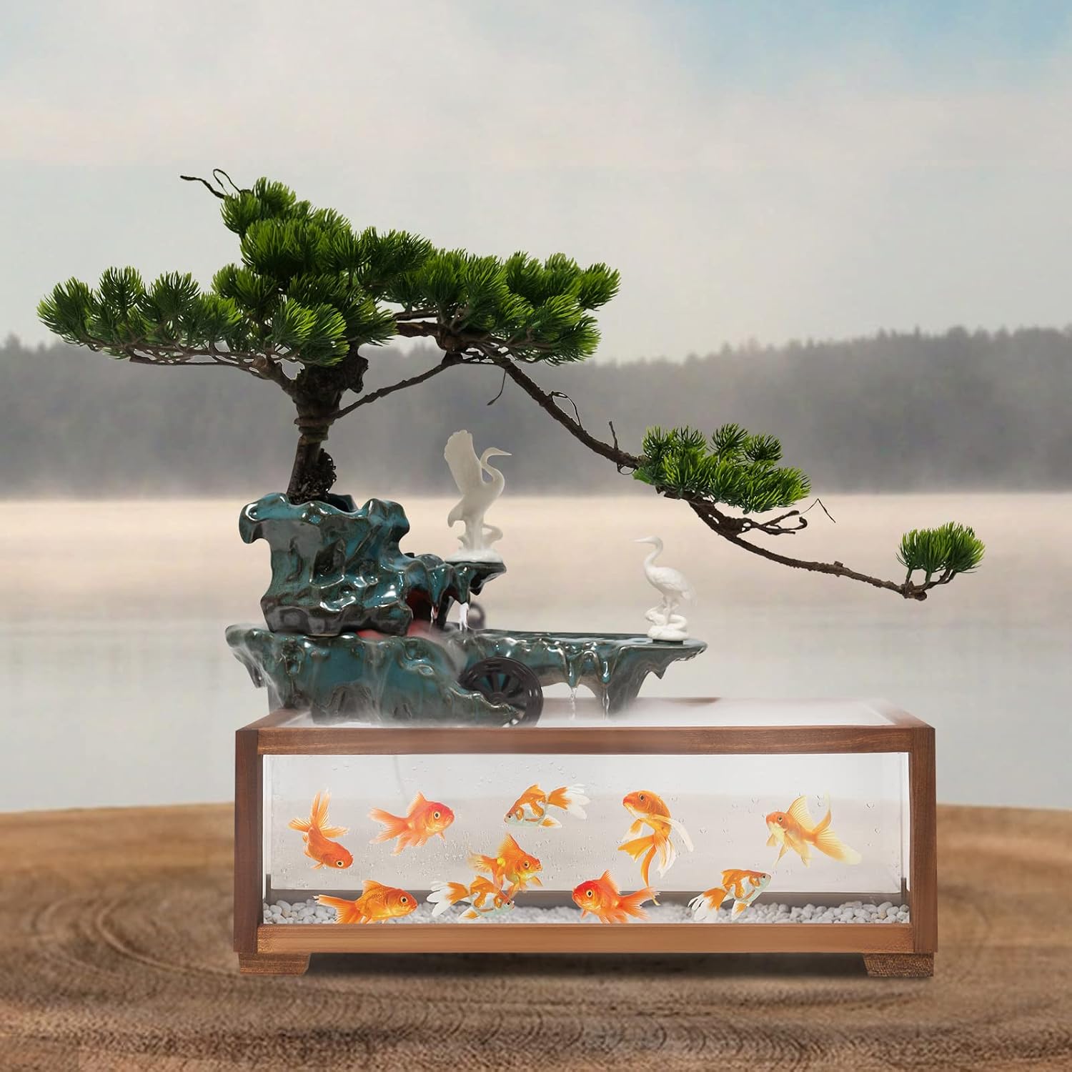 Indoor Outdoor Artificial Landscape Tabletop Water Fountain,Chinese Zen Style Crane Waterfall Fish Tank with LED Light and Mist，Home Office Feng Shui Decor for Good Luck Wealth