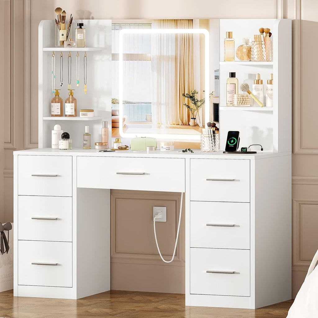 Quimoo Large Vanity Desk with LED Lighted Mirror & Power Outlet, Makeup Vanity Table with 7 Drawers,4 Shelves and 5 Hooks, White Vanity for Bedroom, Bathroom