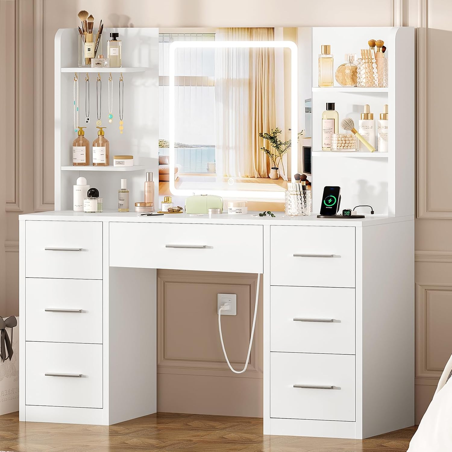 Quimoo Large Vanity Desk with LED Lighted Mirror & Power Outlet, Makeup Vanity Table with 7 Drawers,4 Shelves and 5 Hooks, White Vanity for Bedroom, Bathroom