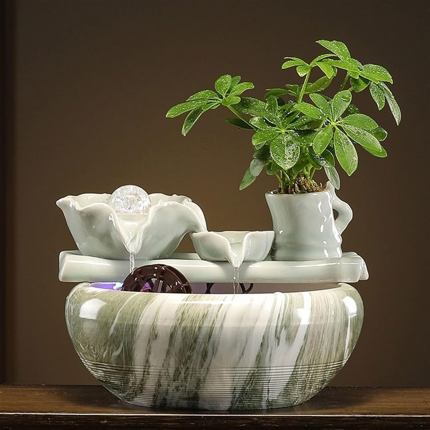 Indoor Water Feature,Ornaments Tabletop Fountain, Creative Small Ceramic Circulating Fish Tank，Chinese Artificial Tree