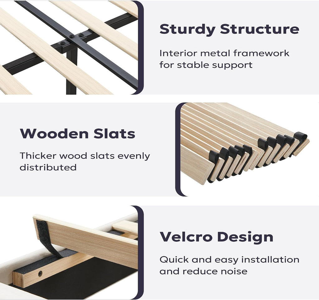 Furnify Full Platform Bed Frame, Velvet Upholstered Bedframe with Vertical Channel Adjustable Headboard, Golden Plating Trim, Mattress Foundation with Wooden Slats, No Box Spring Needed, Black