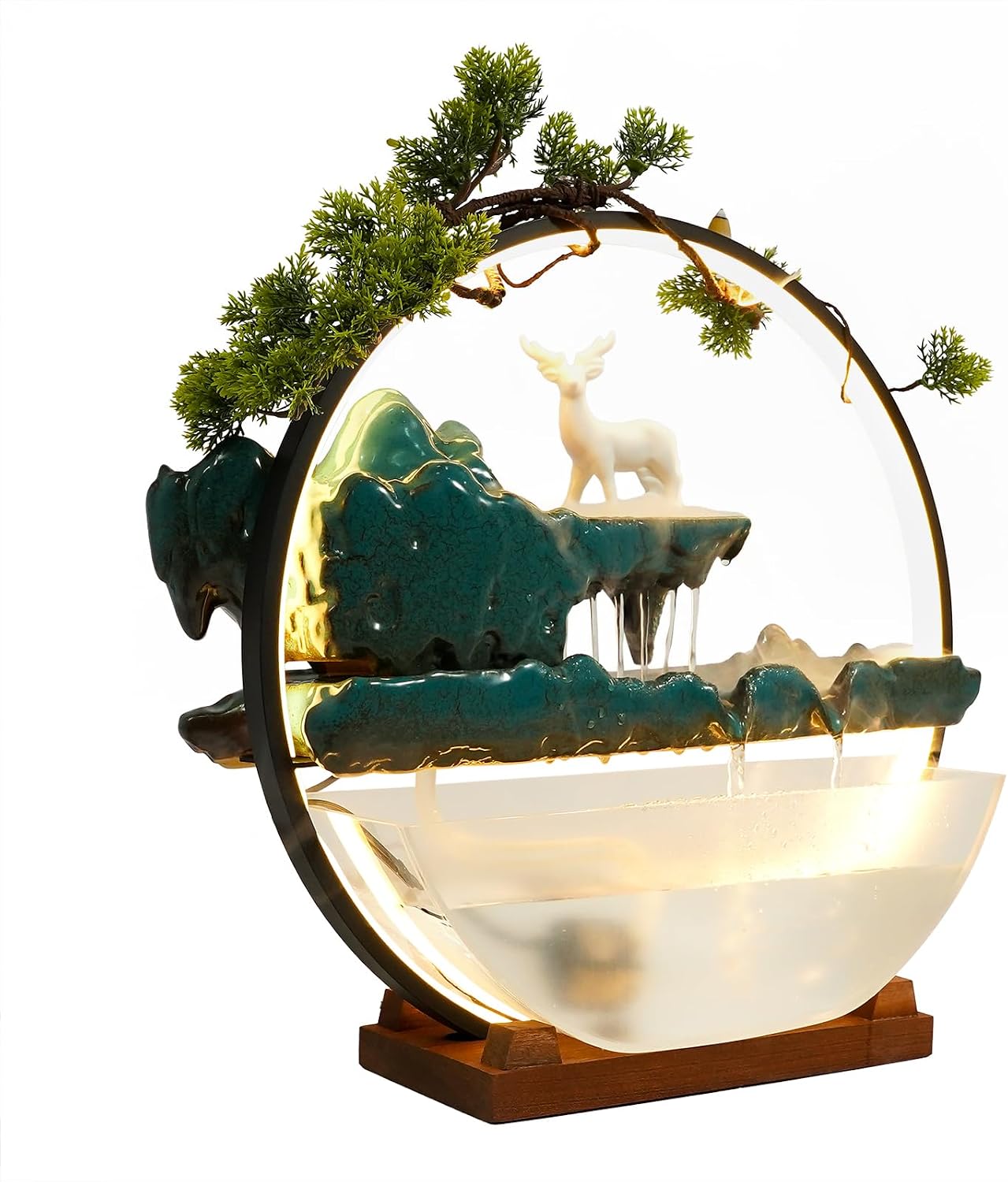 Tabletop Water Fountains, Indoor Waterfall with Round LED Light & Mist Maker & Fish Tank, Water Feature Feng Shui Decor for Meditation Entrance, L17.3*D5.3*H16.5in