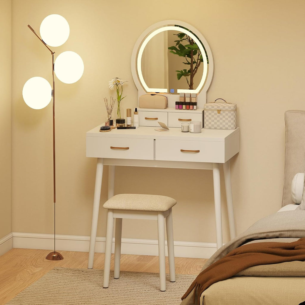 COSTWAY Small Vanity Desk with Mirror and Lights, Makeup Table with 4 Drawers, Vanity Stool, Round Lighted Mirror, 3 Color Modes, Dressing Table Set for Bedroom Small Space (White)