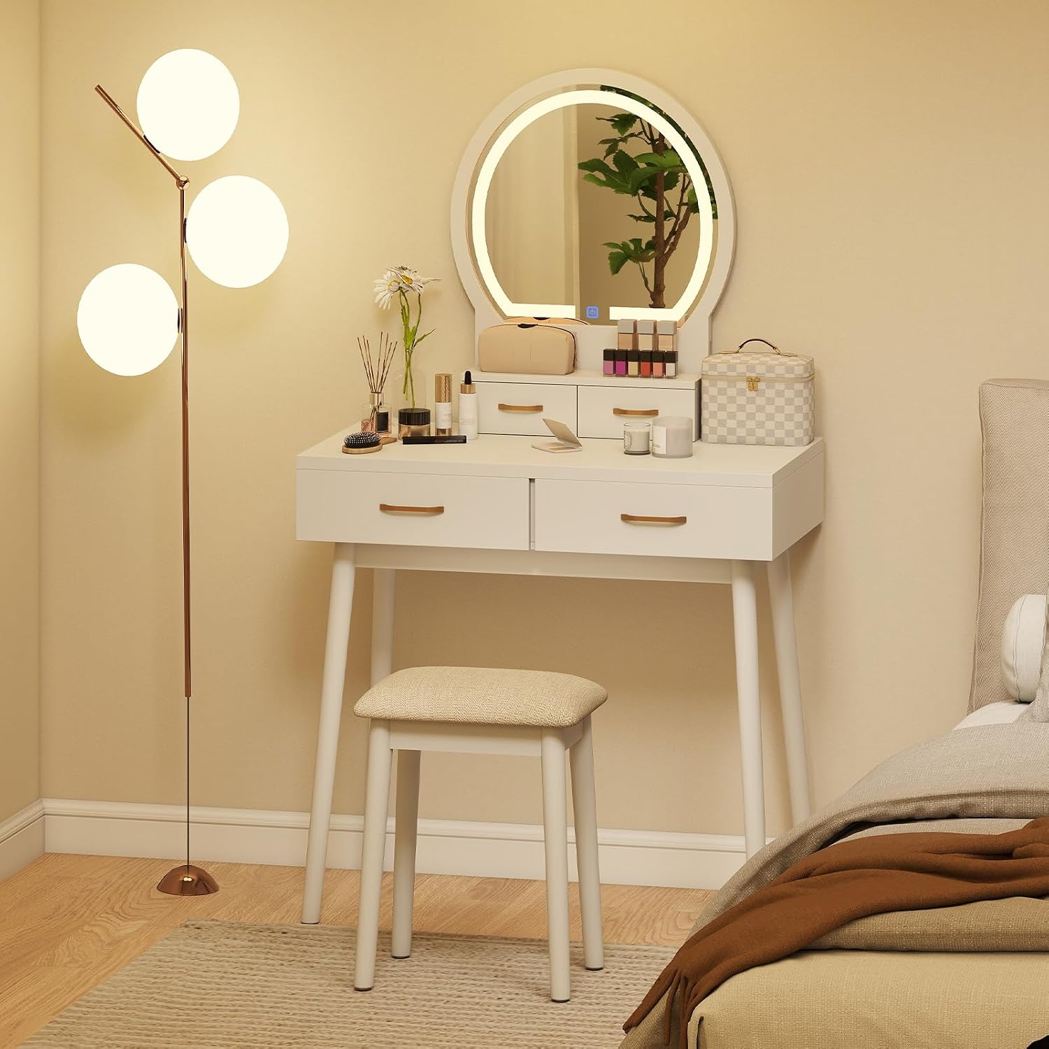 COSTWAY Small Vanity Desk with Mirror and Lights, Makeup Table with 4 Drawers, Vanity Stool, Round Lighted Mirror, 3 Color Modes, Dressing Table Set for Bedroom Small Space (White)