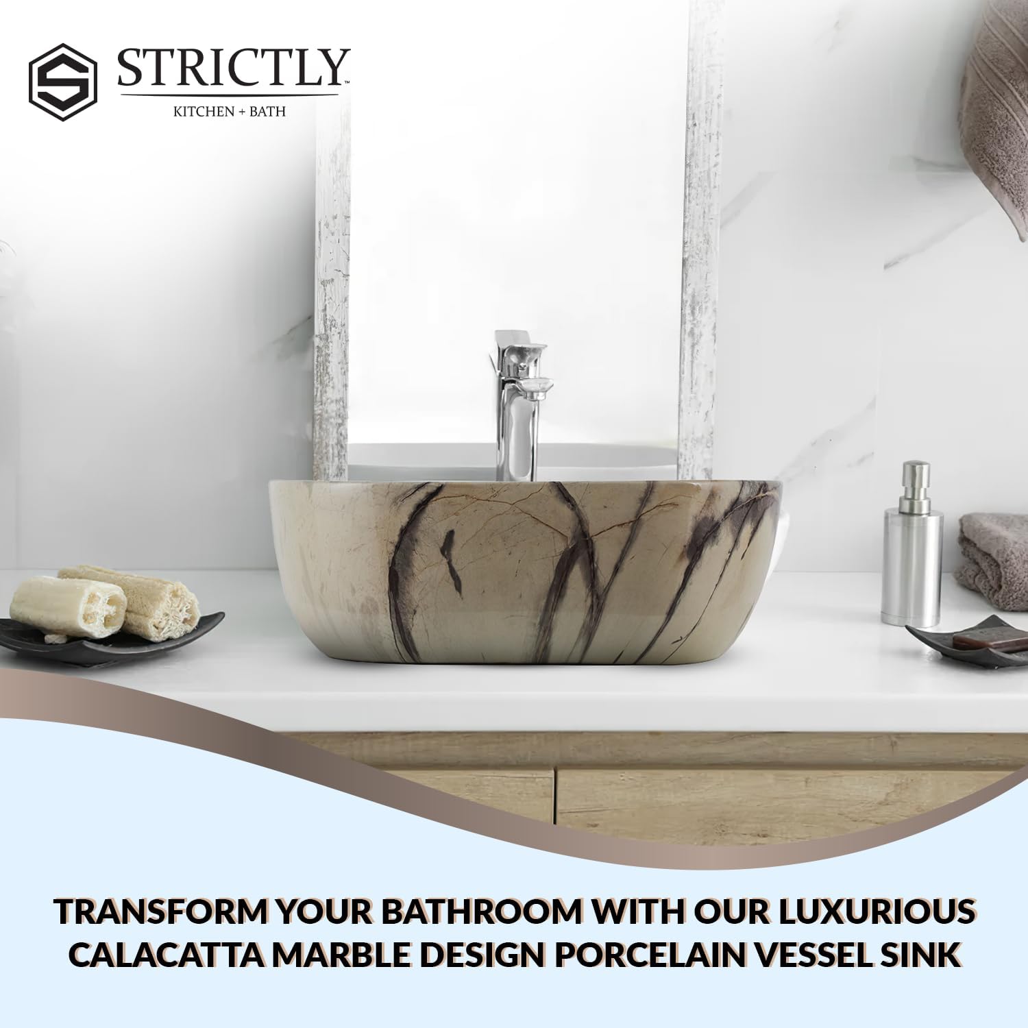 Strictly Sinks 20 Inch Bathroom Vessel Sink – Calacatta Marble Design Ceramic Countertop Bathroom Sink – Easy to Install Above Counter Luxurious Vessel Sink for Bathroom (20″ W x 16″ L x 5-1/4″ H)