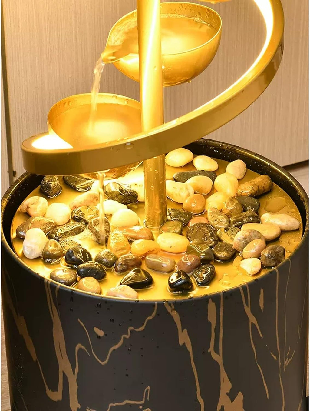 Tabletop Fountain Indoor Relaxation Fountain Waterfall with Spiral Rotating LED Light Living Room Office Water Feature Decorative Floor Lamp for Home and Spaces Decor(White)