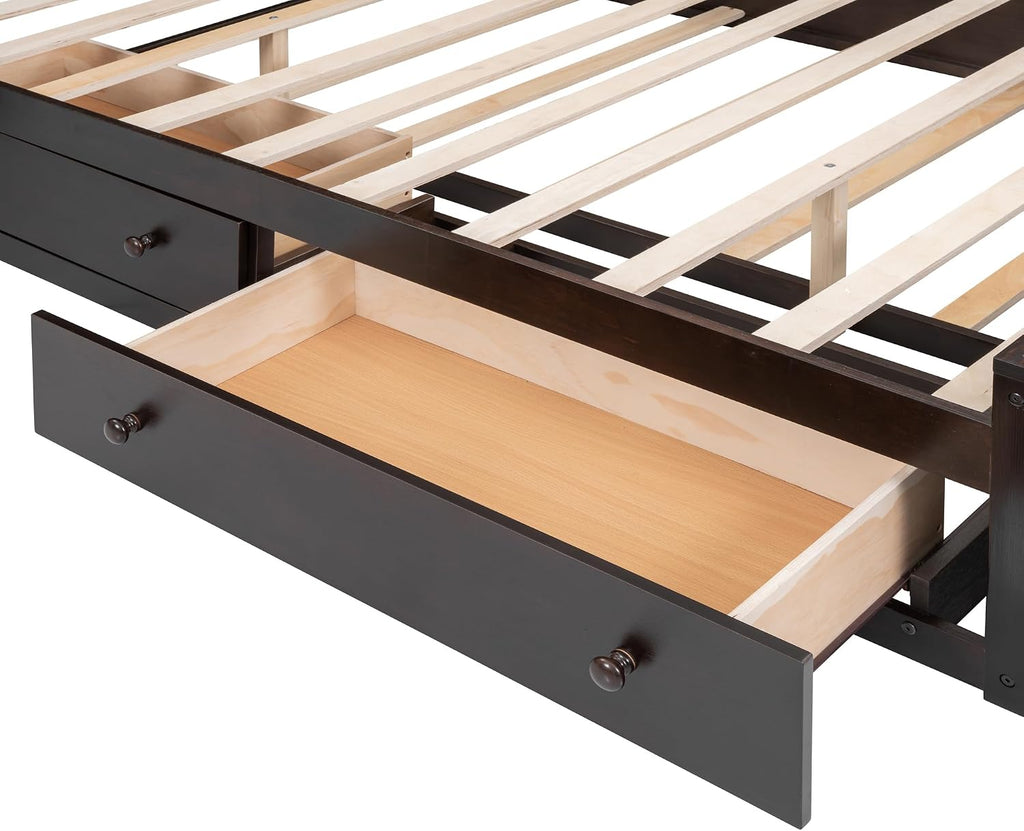 Polibi Queen Size Bed Frame with Bookcase Headboard,2 Storage Drawers and Trundle,Wooden Platform Bed Queen Size with All-in-One Cabinet, Shelf and Sockets,Espresso