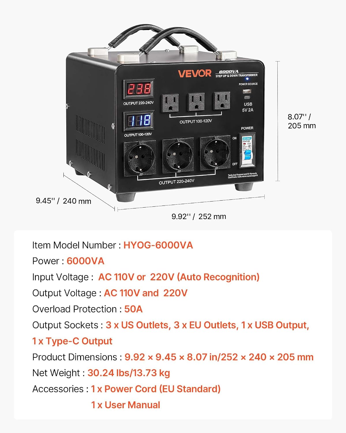 VEVOR Voltage Auto Converter Transformer, 6000VA, Heavy Duty Step Up/Down Power Transformer, 110V to 220V and 220V to 110V, with 3 US Outlets, 3 EU Outlets, LCD Display, Circuit Breaker Protection