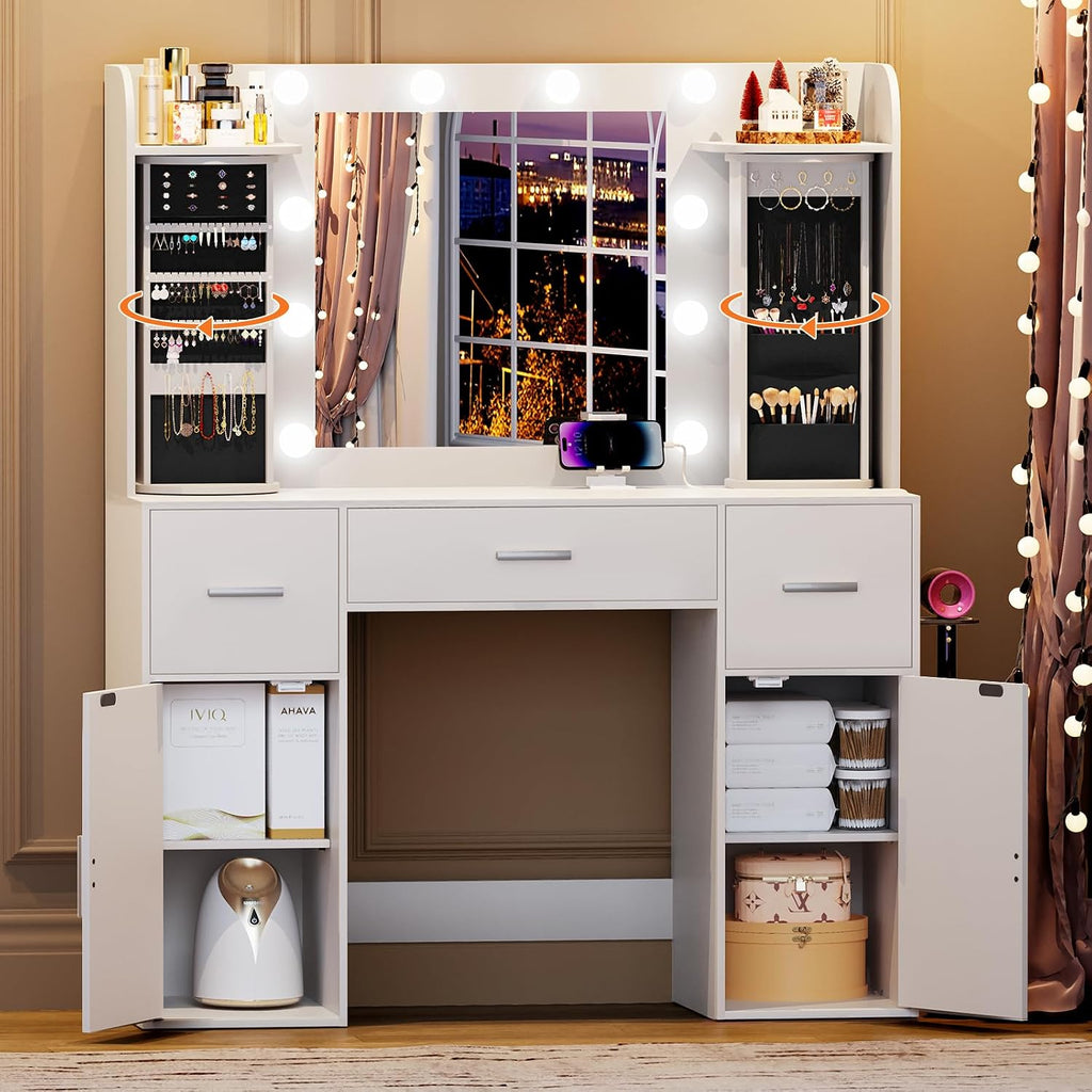 EasyCom Vanity Desk with Rotating Jewelry Organizers, Makeup Vanity with Mirror and Lights, Dressing Table with USB-C Charging Station, 3 Drawers and 2 Cabinets for Bedroom, Dressing Room, White