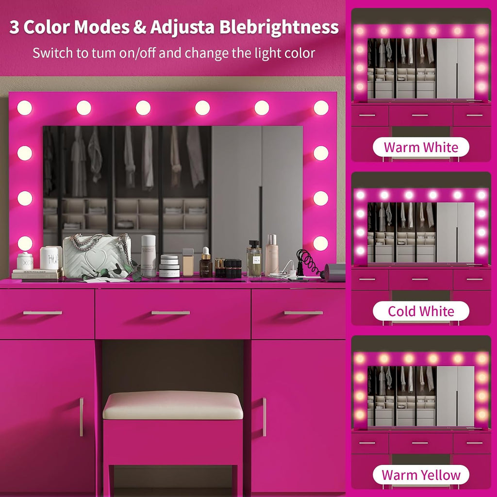 VINGLI Vanity Desk with LED Lighted Mirror & Padded Stool, Makeup Table with Drawers & Cabinets & Power Outlet & Glass Top & 12 Light Bulbs with 3 Colors for Dressing Room Bedroom, Bright Pink