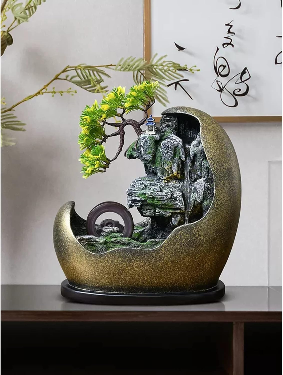 Tabletop Fountain Waterfall Tabletop Water Fountain in Artificial Bonsai Design Indoor Waterfalls Fountains Decorative Feng Shui Tabletop Fountain with Automatic Pump Best Home Gifts for Friends or Fa