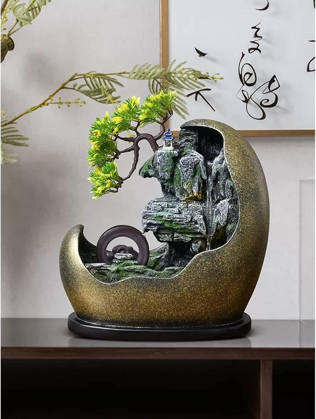 Tabletop Fountains Artificial Bonsai Desktop Fountain Indoor Waterfall Fountain Decorative Feng Shui Desktop Fountain with Automatic Pump Indoor Tabletop Water Fountain(B)