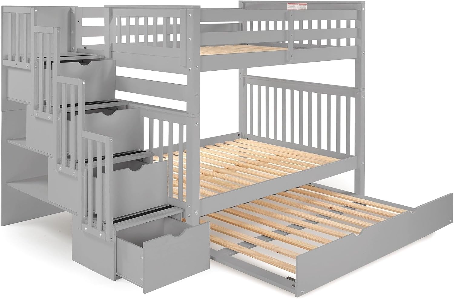 Bedz King Stairway Bunk Beds Full Over Full, 4 Step Drawers, Full Trundle, Gray