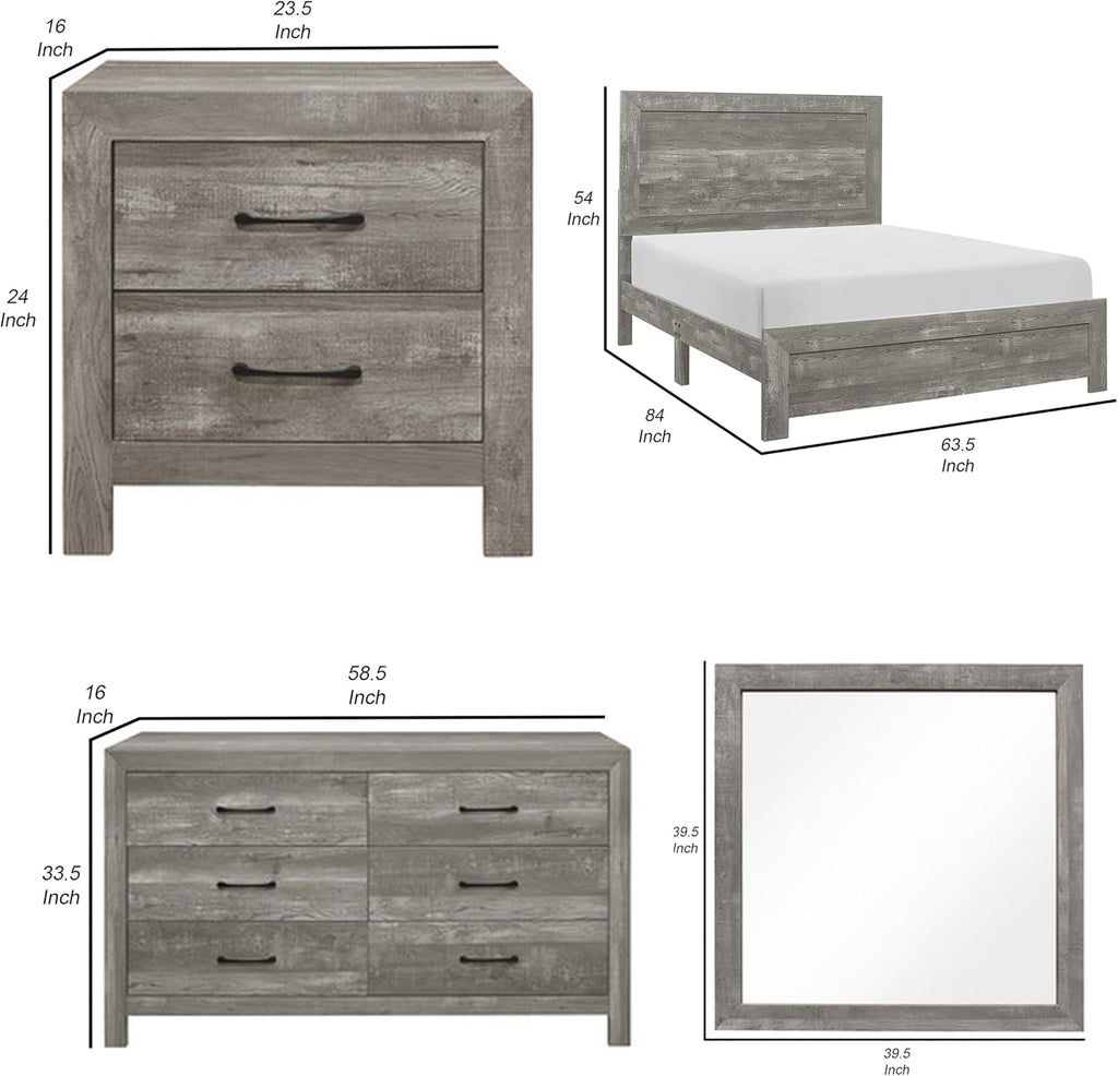 Benzara EB Four Piece Queen Size Bedroom Set- Farmhouse Style- Gray- Black
