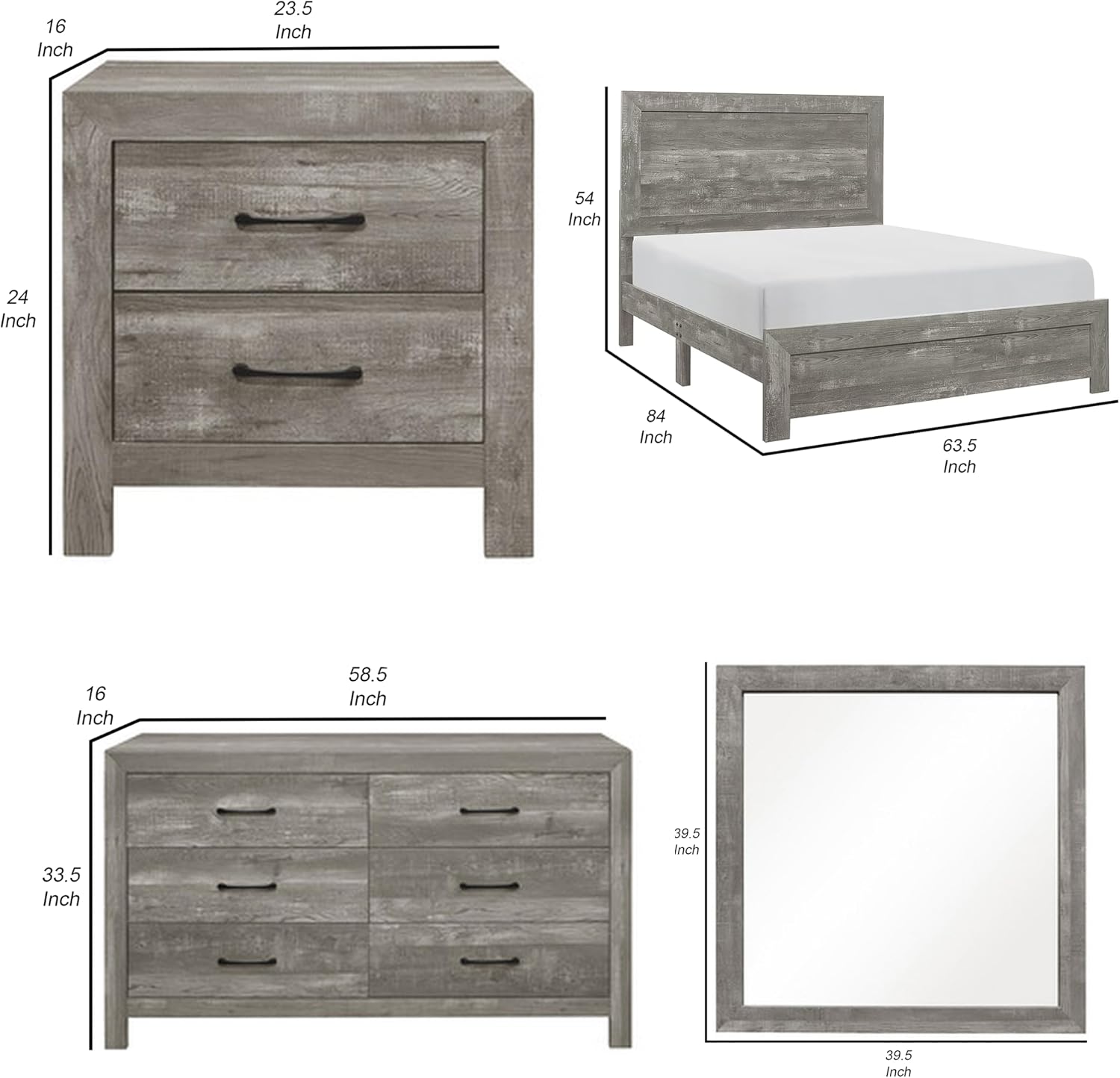Benzara EB Four Piece Queen Size Bedroom Set- Farmhouse Style- Gray- Black