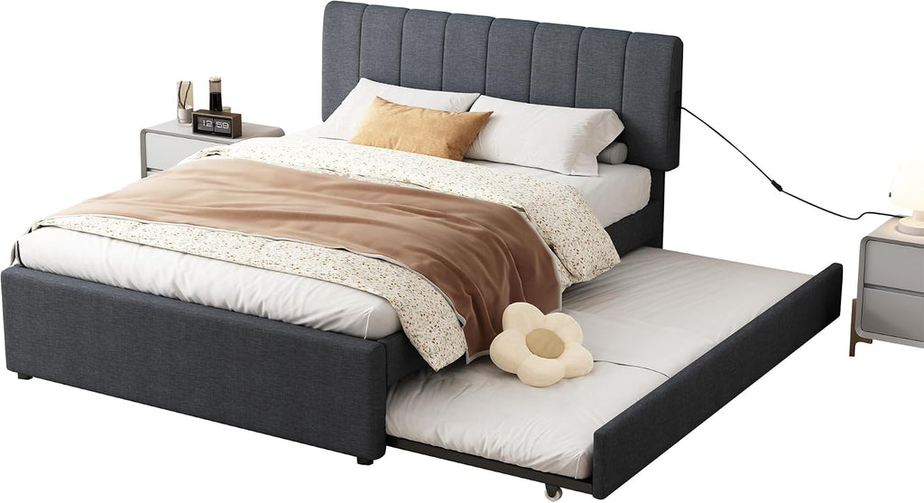 Ball & Cast Full Size Upholstered Platform Bed with Remote Control Intelligence Led Lights App and Trundle,Wood Bed Frame w/Charging Station Headboard & Eva Silent Strip,Bebframe for Apartment,Gray