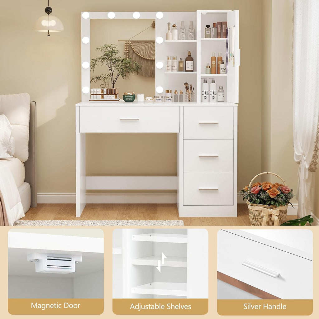 usikey Makeup Vanity with Lights, Vanity Desk with Mirror and 10 LED Lights, White Table with 4 Drawers, Cabinet & 4 Necklace Hooks, Dressing Table for Bedroom,Grils Vanity, White