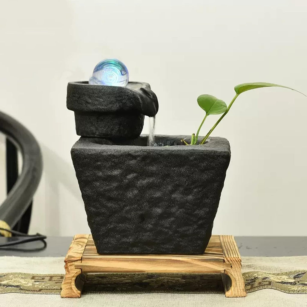 Desktop Fountain Ceramic Tabletop Fountain with Ball, Pump and Wooden Basefor Indoor Creative Flowing Water Table Desk Office and Home Decoration, Black