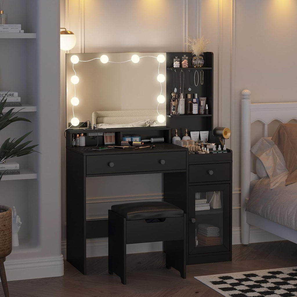 Vabches Vanity with Mirror and Lights,Makeup Vanity Table with Charging Station,Dressing Table with Stool & 3 Storage Compartments,3 Color Modes Available for Bedroom,Black