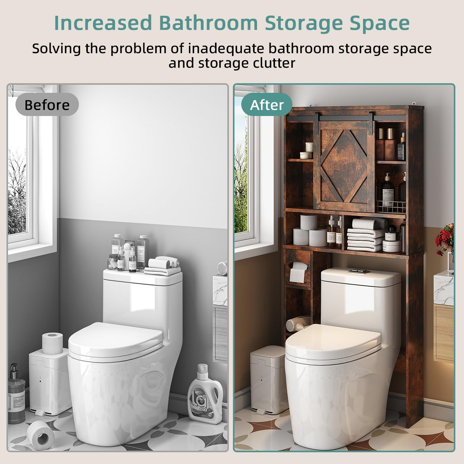 Over the Toilet Storage Cabinet with Farmhouse Sliding Barn Door, Above Toilet Organizer with Toilet Paper Holder Stand, Behind Toilet Shelf, Space Saver for Restroom, Bathroom, Laundry, Brown