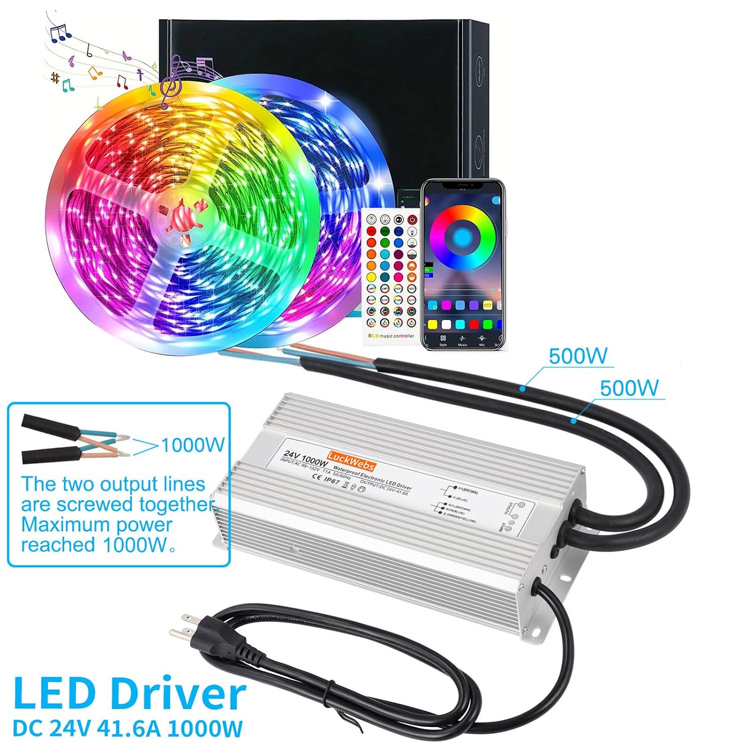 LED Driver 24V 1000W Waterproof Power Supply AC90-130V to DC24V41.6A Switching Power Supply IP67 Converter Suitable for Outdoor LED Lighting and Any 24V DC Equipment