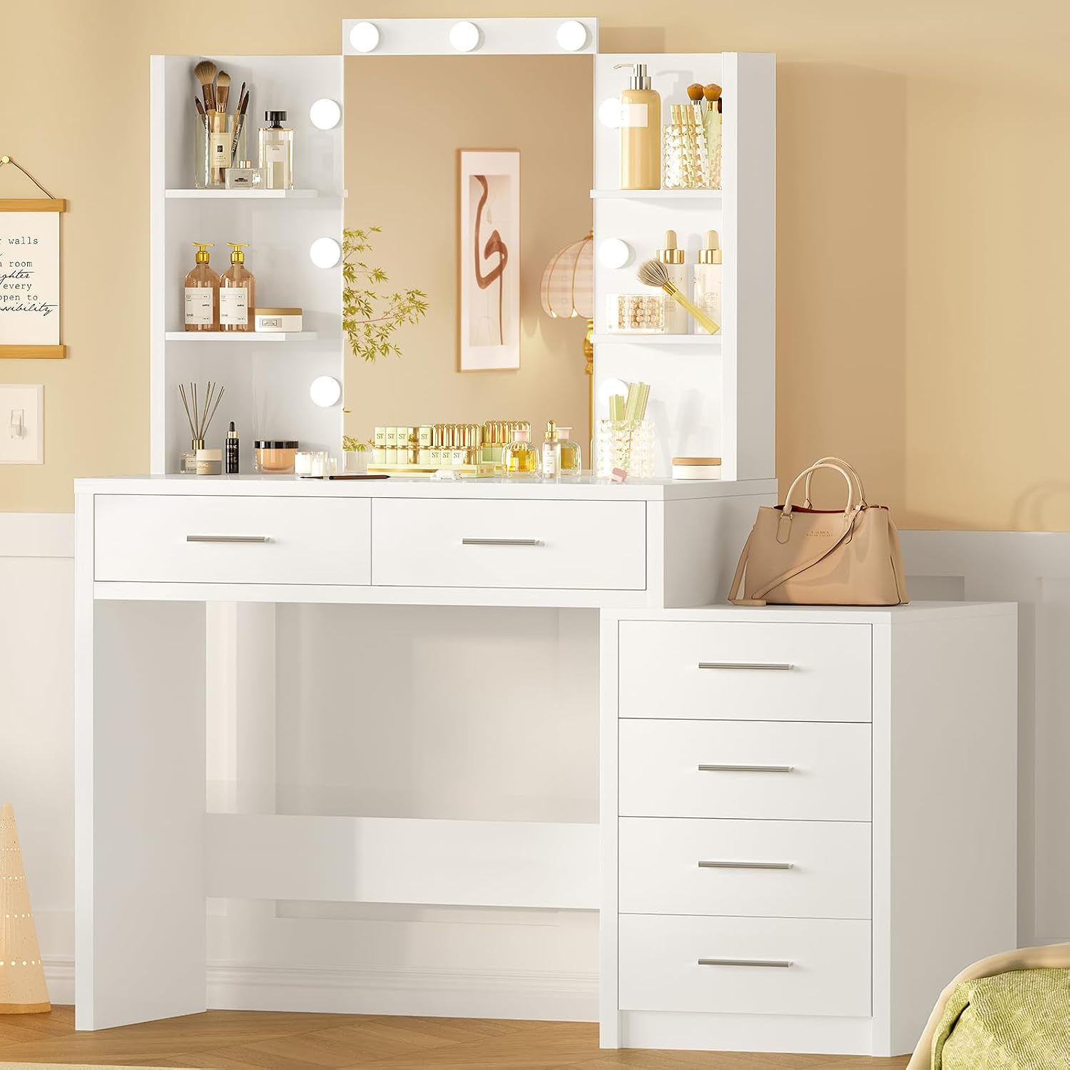 Quimoo 43.3' W Vanity Desk with Mirror and 9 LED Lights, Makeup Vanity with 6 Drawers, 6 Open Shelves, White Vanity for Women Girls, 43.3' W x 13.8' D x 54.3'