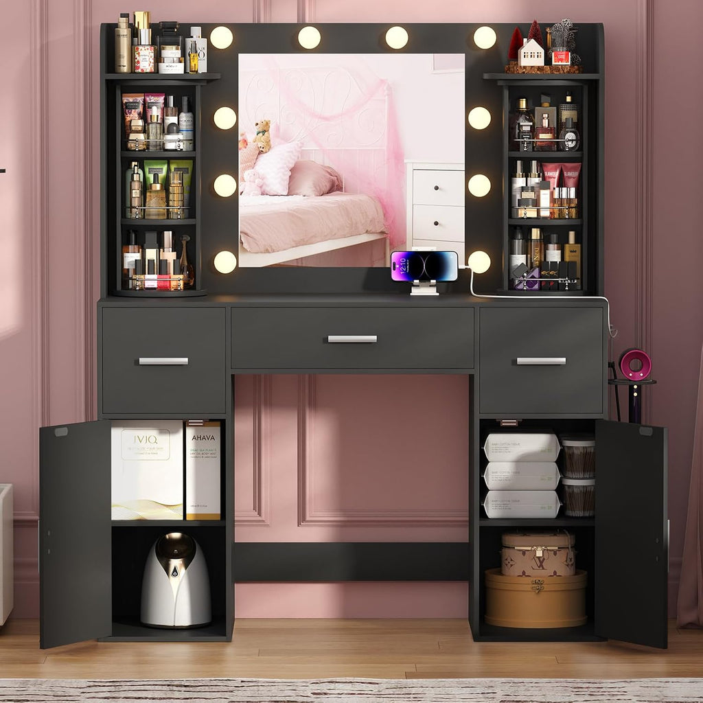 EasyCom Makeup Vanity Desk with Lights and Mirror, Vanity with Storage Rotating Jewelry Organizers, Dressing Table with USB-C Charging Station, 3 Drawers & 2 Cabinets for Bedroom, Dressing Room, Black