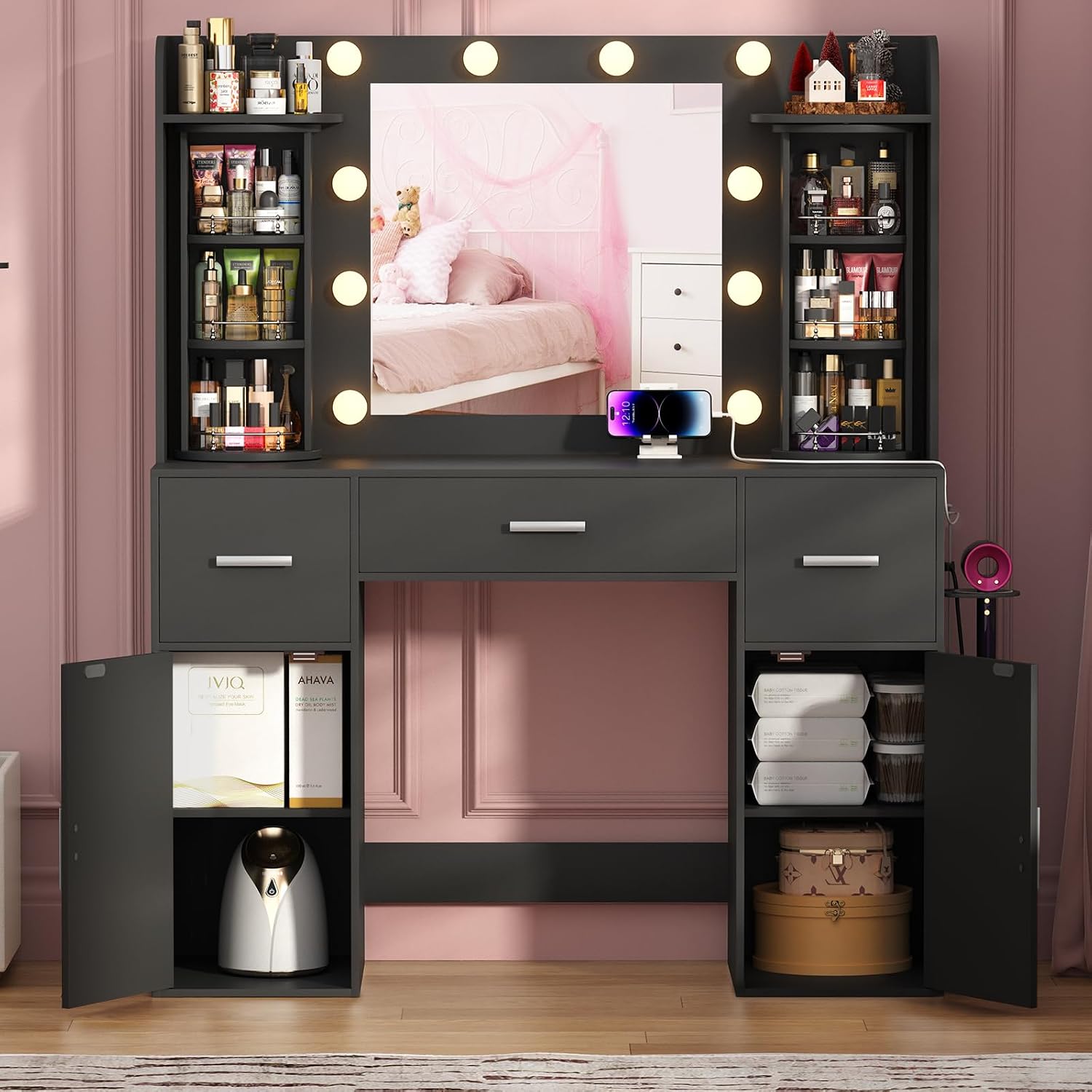EasyCom Makeup Vanity Desk with Lights and Mirror, Vanity with Storage Rotating Jewelry Organizers, Dressing Table with USB-C Charging Station, 3 Drawers & 2 Cabinets for Bedroom, Dressing Room, Black