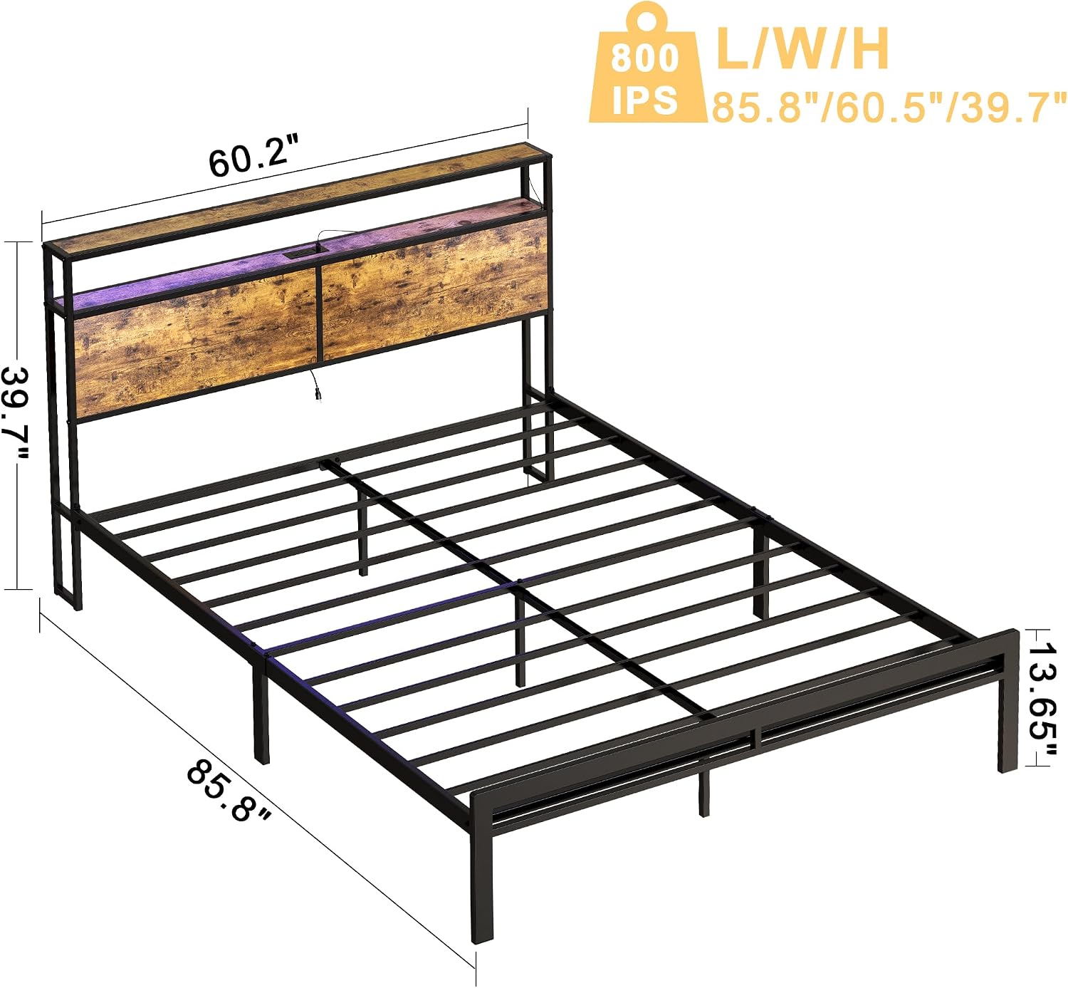 HAUSOURCE Queen Bed Frame with Storage Headboard LED Lights Metal Platform Non-Slip Without Noise Mattress Foundation Strong Metal Slats Support No Box Spring Needed