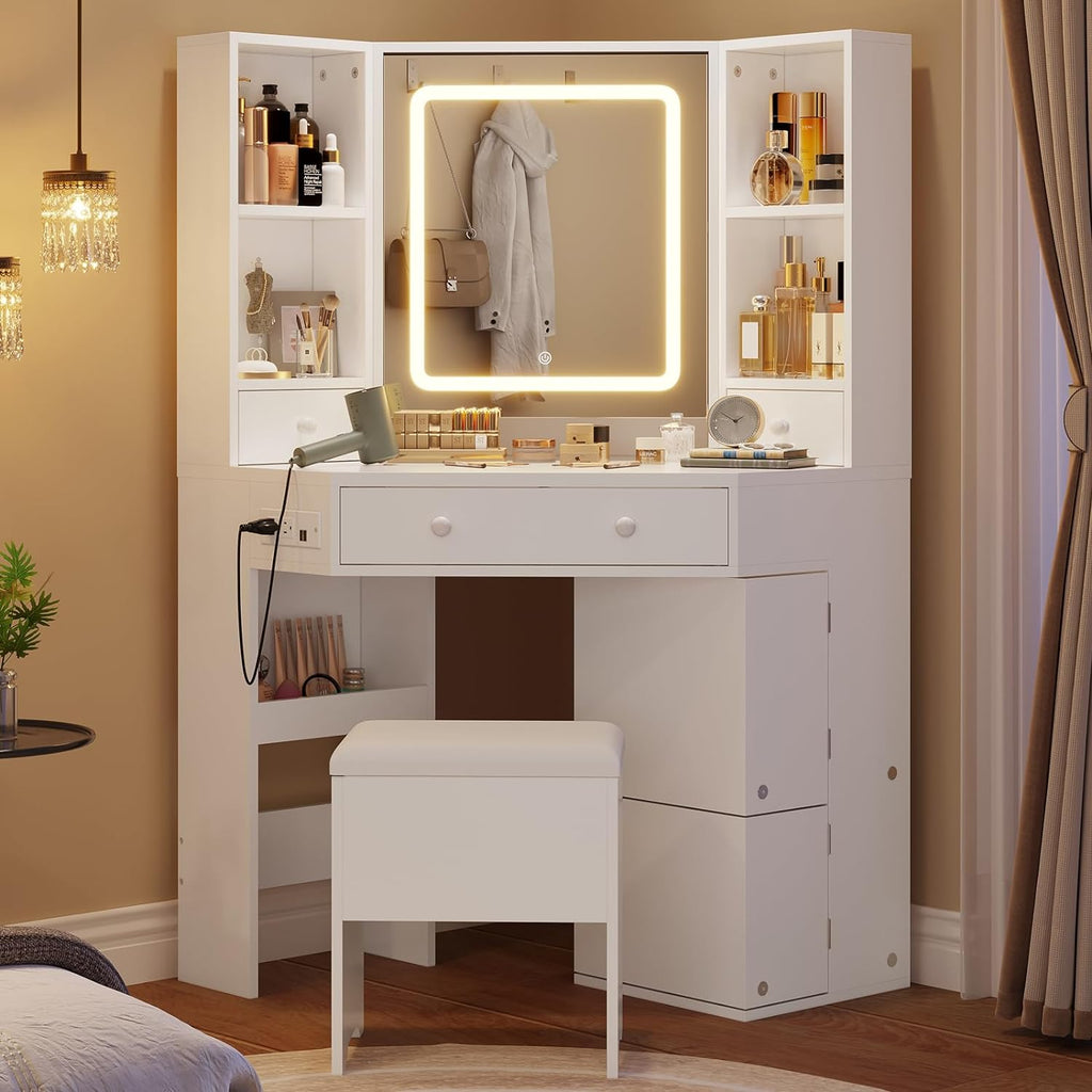 HAUOMS Vanity Desk with Mirror Lights, Storage Bench & Power Outlet, Corner Vanities with Rotating Cabinet & Drawers, 42.5' L Shaped Vanity Set, 3 Light Settings, for Women Girls, Modern White
