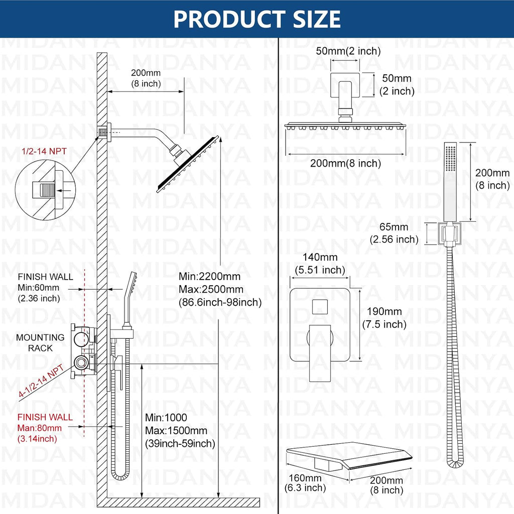 Midanya Brushed Nickel Morden Widespread Bathroom Faucet 3 Holes 2 Handles 8 Inch Vanity Faucet with 8 Inch Brushed Nickel Rain Shower System Tub Shower Faucet Set Square Waterfall Tub Spout