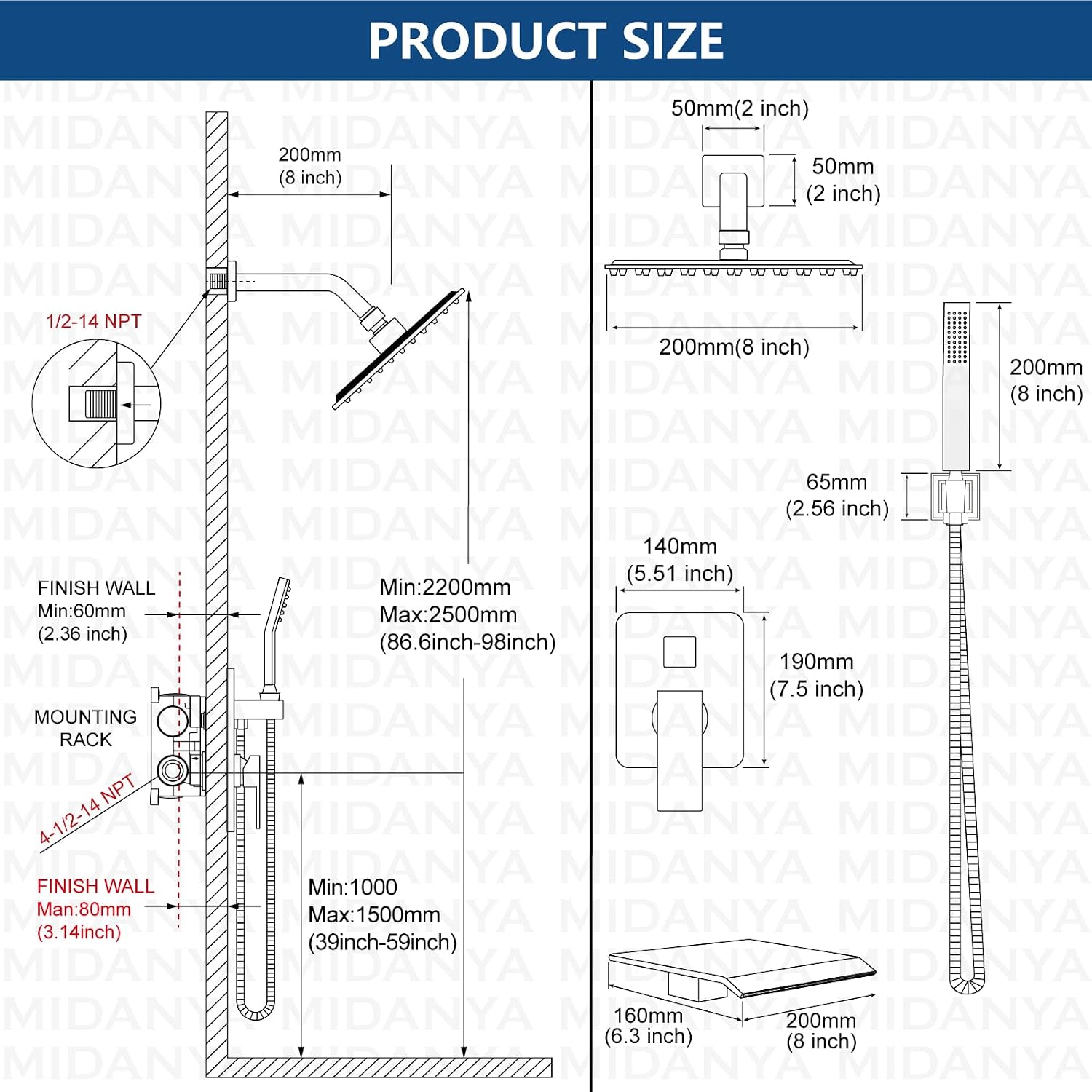 Midanya Brushed Nickel Single Handle Slotted Waterfall Vanity Bathroom Sink Faucets with 8 Inch Brushed Nickel Rain Shower System Tub Shower Faucet Set Square Waterfall Tub Spout