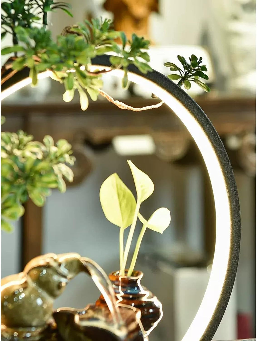 Tabletop Fountain Indoor Relaxation Desktop Fountain Waterfall Ceramic Tabletop Water with Black Metal Base and LED Light Zen Relaxing Feature Interior Spa Yoga Decoration
