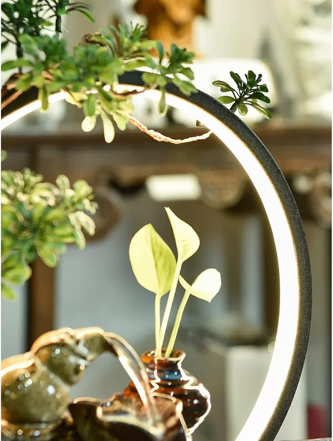 Tabletop Fountain Indoor Relaxation Desktop Fountain Waterfall Ceramic Tabletop Water with Black Metal Base and LED Light Zen Relaxing Feature Interior Spa Yoga Decoration