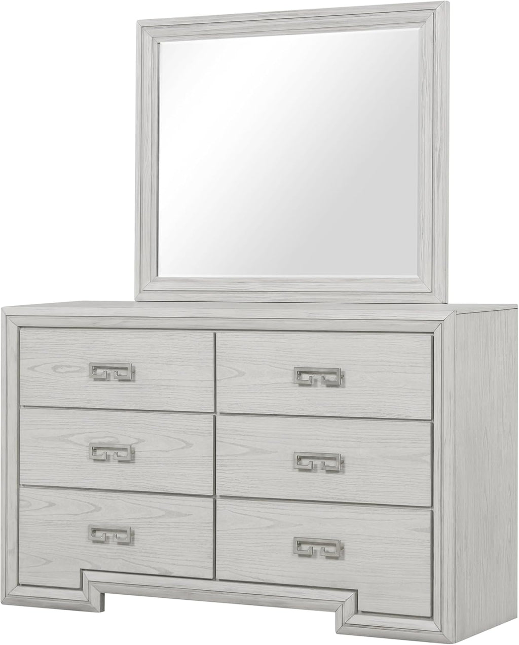Furniture of America Babsi Modern Wood 5-Piece Bedroom Set with Greek Key Pull, USB Chargers on Nightstand, Felt-Lined Top & Cedarwood-Lined Bottom Drawers, Box Spring Needed, Queen, Rustic White