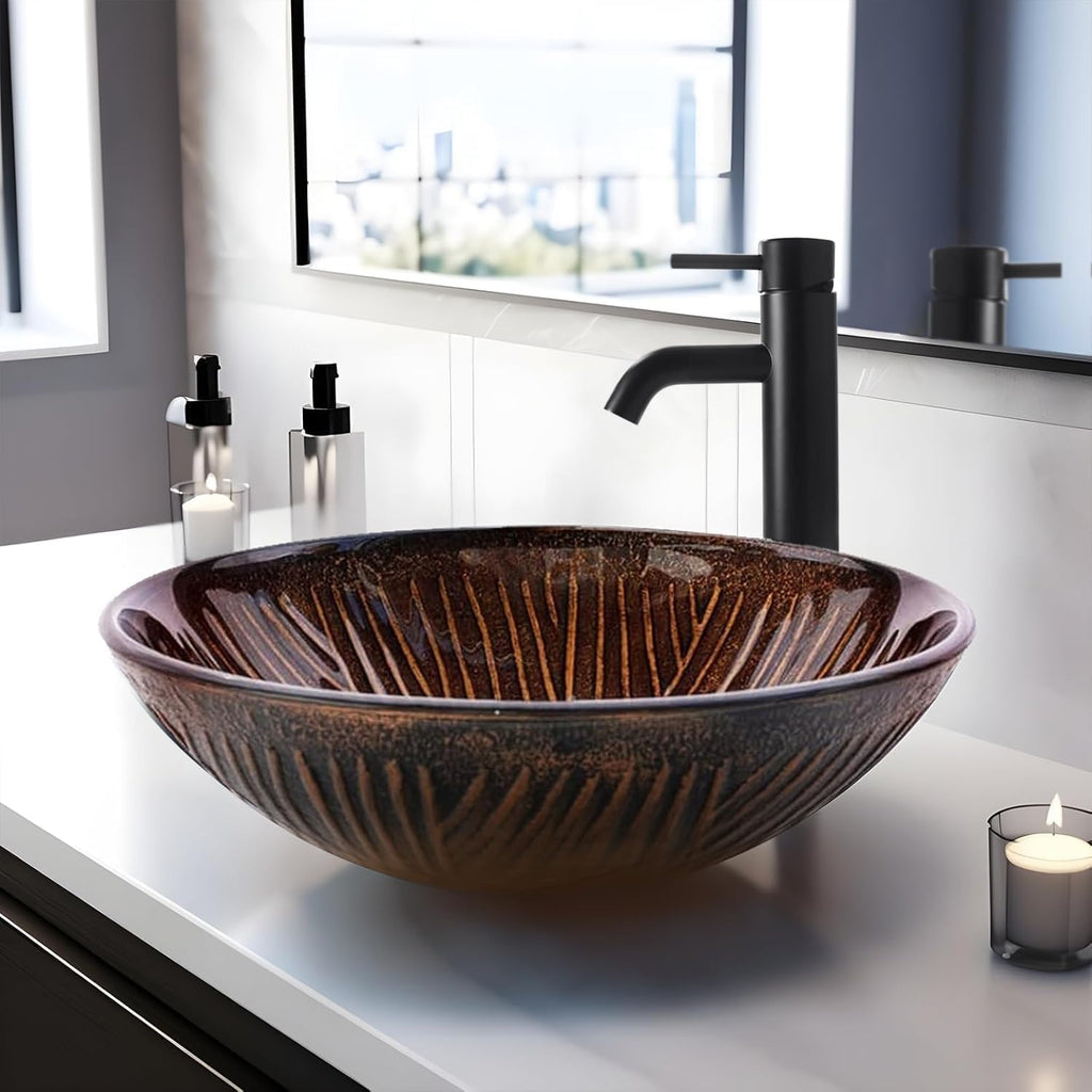 Vessel Sink 16.5' Bathroom Sinks Tempered Glass Brown Art Basin Round Bowl with Faucet Combo, Tree Streak Pattern,Modern Countertop Bowl Sink