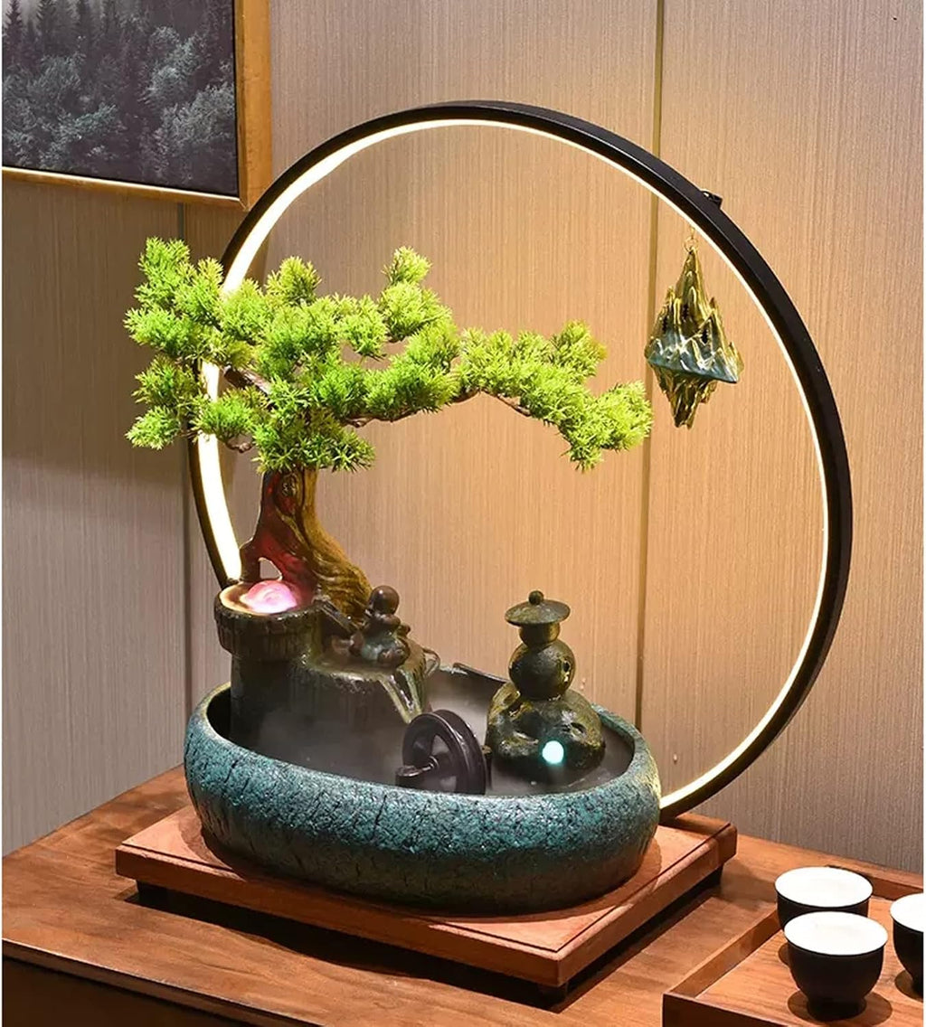 Desktop Fountain Ceramic Tabletop Fountain with LED Lighting Rockery Water Features Zen Cascading Feng Shui Waterfall Table Ornaments for Living Room Office(Green)