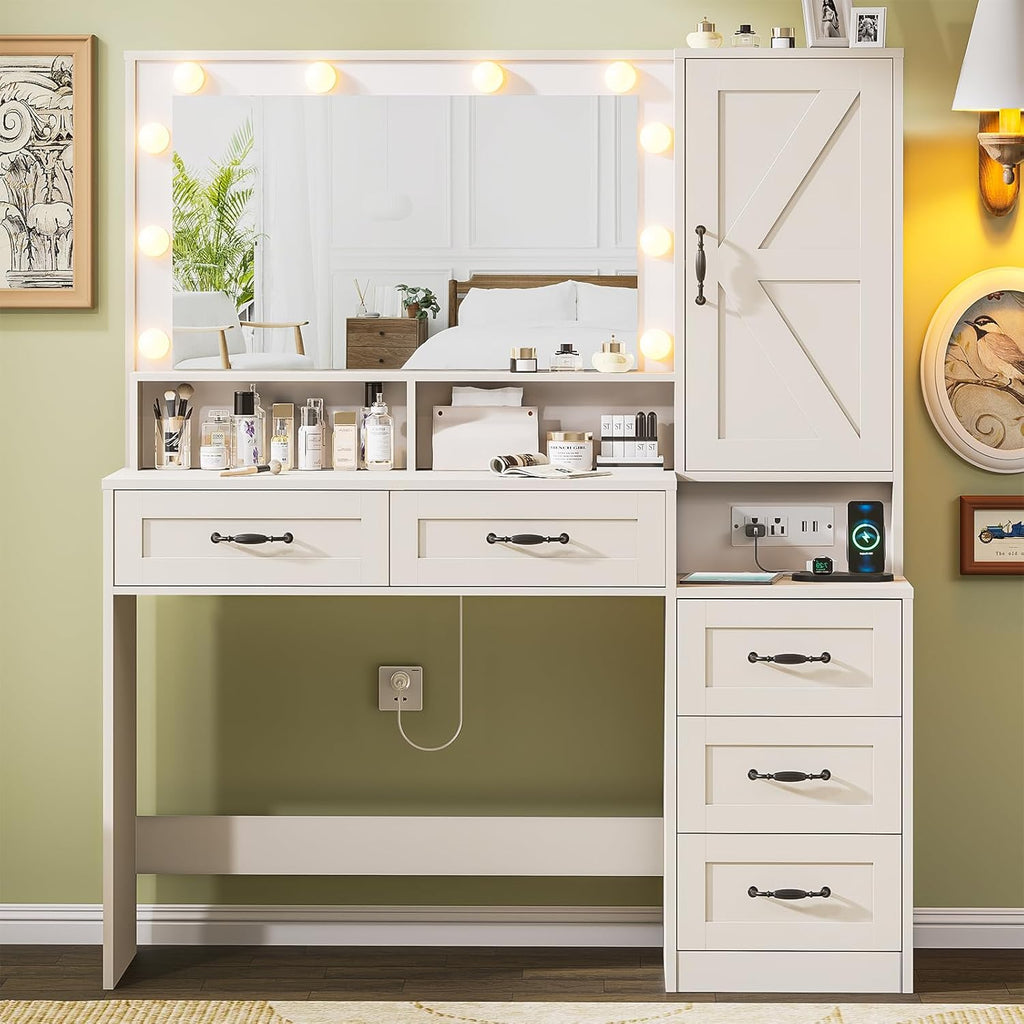 DINGIPP Farmhouse Vanity Desk with Mirror and 10 Led Lights, 45.3' Large Makeup Vanity Table with Power Outlet, 5 Drawers and 1 Cabinet, Vanity Set Dressing Table with 9 Hooks for Women Girls (White)